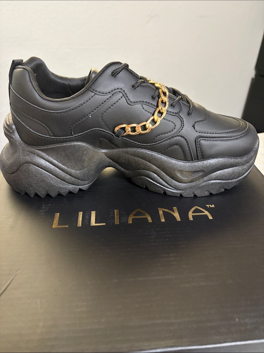 Liliana Black Platform Sneakers with Gold Chain Accent